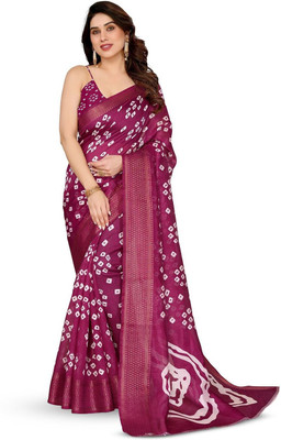 Moda Rapido Printed Bandhani Cotton Blend Saree(White, Maroon)