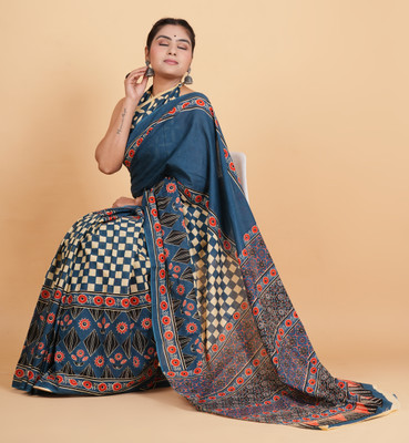 Krishna Creation Geometric Print, Printed, Floral Print Handloom Pure Cotton Saree(Blue)