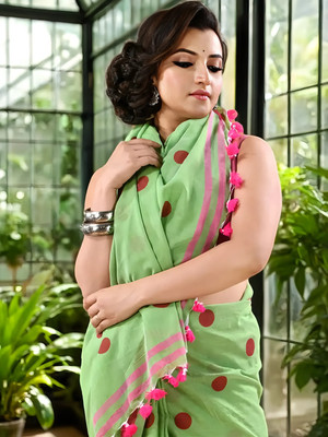 TANTLOOM Printed Handloom Pure Cotton Saree(Green, Pink)