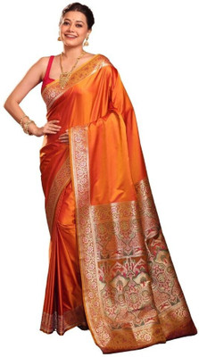 Kk Kavvya Crsk Printed Banarasi Pure Silk Saree(Orange)