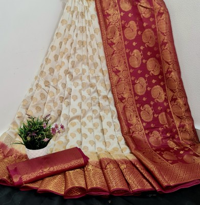 Kanjivaram Woven, Embellished Kanjivaram Silk Blend, Jacquard Saree(Maroon, Cream)