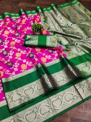 ZILVIRA Woven, Applique, Embellished, Printed, Dyed Kanjivaram Cotton Silk, Art Silk Saree(Pink)
