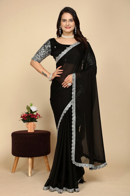 SAADHYA CREATION Embroidered, Solid/Plain Bollywood Chiffon Saree(Black)