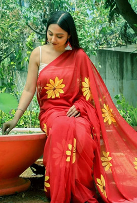 Myraani Floral Print Daily Wear Cotton Linen Saree(Red)
