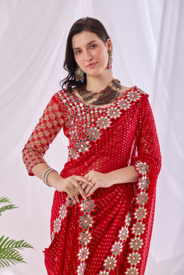 NERTA BOUTIQUE Embellished, Embroidered Bollywood Georgette Saree(Red)