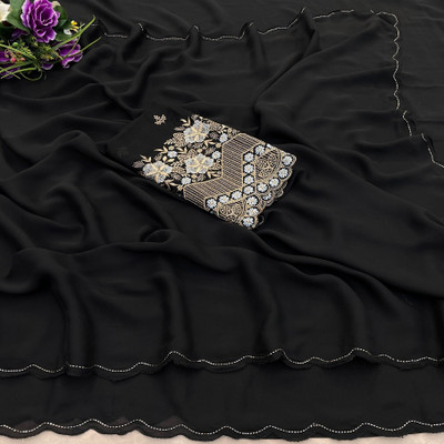 KONICA FAB Solid/Plain, Embellished Bollywood Chiffon Saree(Black)