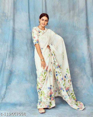 AARAANA Woven, Self Design, Geometric Print Kanjivaram Linen Saree(White)
