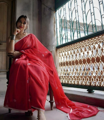 HouseOfCommon Self Design Handloom Cotton Blend Saree(Red)