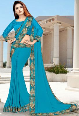 Anugrah Textile Solid/Plain Banarasi Lycra Blend, Chiffon Saree(Light Blue)