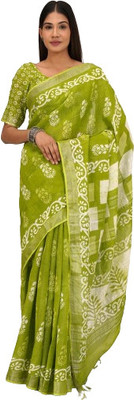 Clothonus Printed, Embellished, Embroidered Ikkat Cotton Linen Saree(Green)