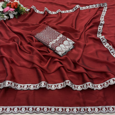 saanvi Self Design, Solid/Plain Bollywood Georgette Saree(Maroon)