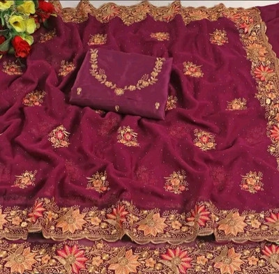 KHRITI FAB Embroidered, Floral Print Bollywood Georgette Saree(Purple)