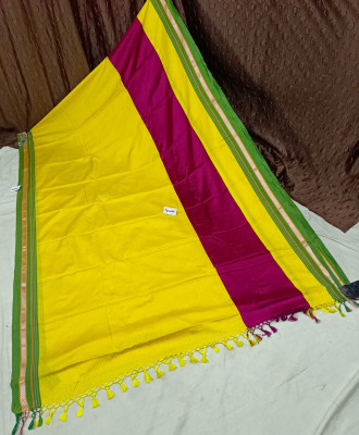 Spewim Striped Handloom Cotton Blend Saree(Yellow)