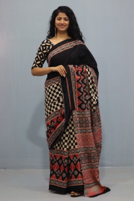 ABHIT CREATION Printed Daily Wear Pure Cotton Saree(Black)