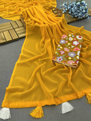 Infyshopy Fashions Solid/Plain Bollywood Georgette Saree(Yellow)