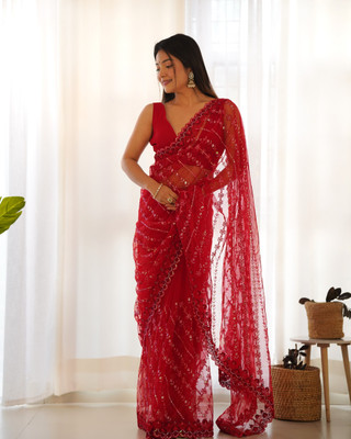 Tasrika Embellished Bollywood Net Saree(Red)