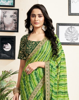 Samah Printed, Embellished Leheria Chiffon, Georgette Saree(Light Green, Dark Green)