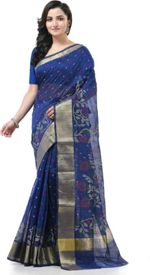 TANTLOOM Printed Handloom Handloom Cotton Blend Saree(Blue)