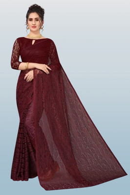 Vragi Floral Print Bollywood Net Saree(Pack of 2, Maroon)