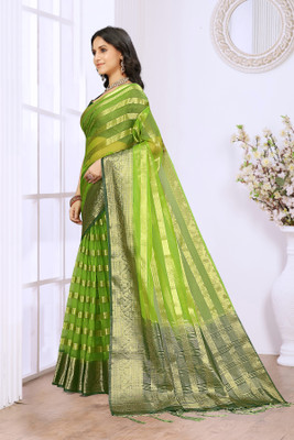 Aarunika MNT Striped Bollywood Organza Saree(Light Green)