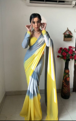ANUVRATA Printed Saree with Attached Blouse Georgette Saree(Grey, Yellow)
