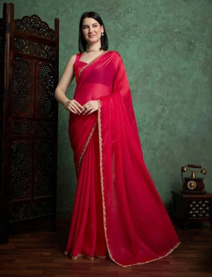 HouseOfCommon Solid/Plain Saree with Attached Blouse Chiffon Saree(Red)