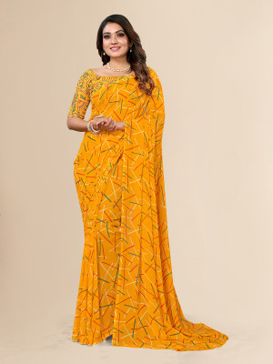 Anand Sarees Striped, Printed Leheria Georgette Saree(Yellow)