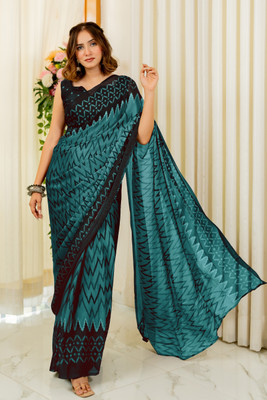 MIRCHI FASHION Printed, Striped Leheria Chiffon, Georgette Saree(Green, Black)