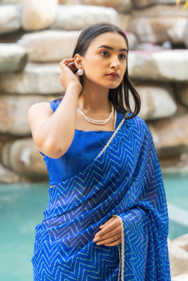 MIRCHI FASHION Printed, Striped Leheria Chiffon, Georgette Saree(Blue, Light Blue, White)