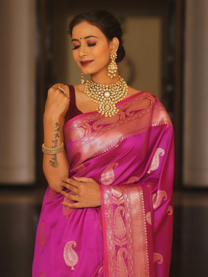 Madhav Creation Woven Banarasi Art Silk Saree(Pink)