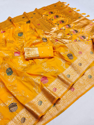 PANZORA Woven Banarasi Cotton Silk Saree(Yellow)