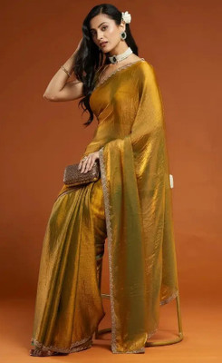 lizia Solid/Plain Assam Silk Jimmy choo, Lace Saree(Green, Gold)