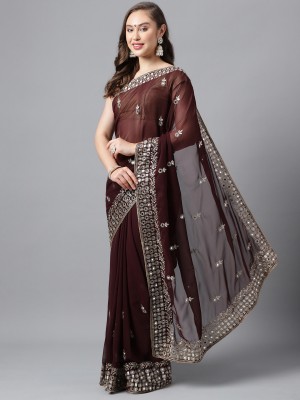 RHG Fashion Embroidered Banarasi Georgette Saree(Brown)