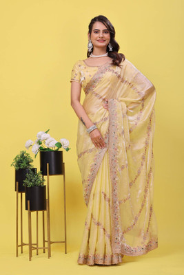 GREENA CREATION Embroidered, Woven, Self Design, Embellished Bollywood Satin Saree(Yellow)