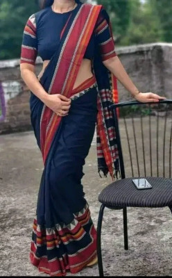 Mayaa Woven, Printed Handloom Cotton Blend Saree(Dark Blue)