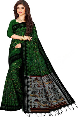 makalitraders Printed Sambalpuri Pure Cotton Saree(Green, Black)