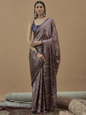 Tasrika Printed Hand Batik Crepe Saree(Purple)