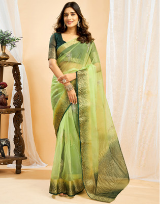 Satrani Embellished, Embroidered, Woven Banarasi Organza, Jacquard Saree(Light Green)