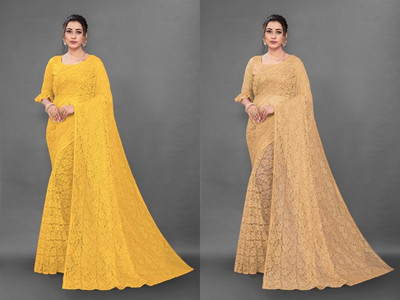 Fashion Field Self Design Bollywood Net Saree(Pack of 2, Gold, Yellow)