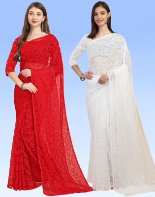 Murta Trends Embellished Bollywood Net, Brasso Saree(Pack of 2, Red, White)