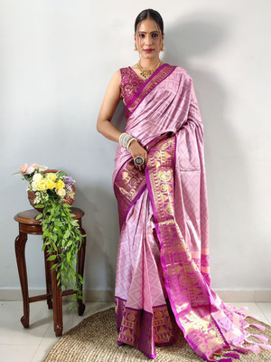 WEYLIN Woven Kanjivaram Jacquard, Pure Silk Saree(Magenta)