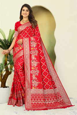 Bindi Woven, Paisley, Checkered Banarasi Art Silk, Nylon Saree(Red)