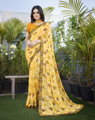 YASHIKA Printed Bandhani Georgette, Lace Saree(Yellow)