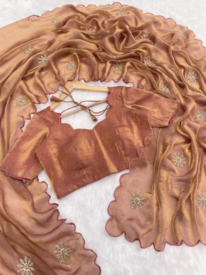 makron Embroidered Bollywood Silk Blend Saree(Orange)