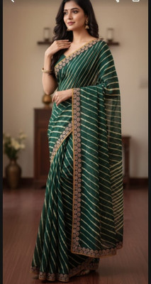 RIDDHI Striped, Embroidered Leheria Georgette, Chiffon Saree(Dark Green, White)