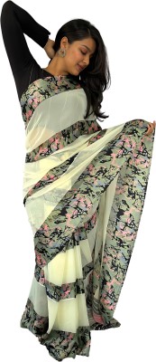 Sanjana Silks Printed Bollywood Georgette Saree(Cream, Light Green)