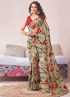 STYLEVEDA Printed Bollywood Georgette Saree(Beige)