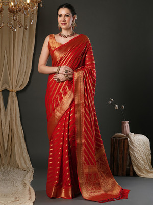 ANOUK Striped Kanjivaram Georgette Saree(Red)