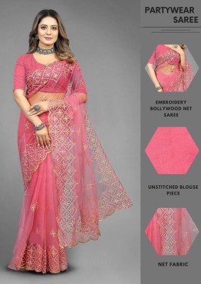 Yashvi Designer Embroidered Bollywood Net Saree(Pink)