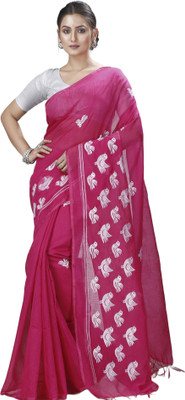 DipDiya Self Design, Embroidered Handloom Cotton Blend Saree(Pink)